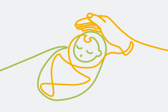 Grafische Darstellung eines Babys in einer Trageliege mit einer schützenden Hand, Kita Hamburg-Schnelsen, Albertinen Kindertagesstätte Schnelsen, Betreuen und Fördern Grafische Darstellung eines Babys in einer Trageliege mit einer schützenden Hand