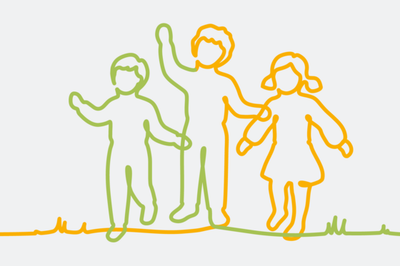 Illustration von drei stehenden und teilweise winkenden Kindern auf einer Wiese mit Gras und Blumen, Kita Hamburg-Schnelsen, Albertinen Kindertagesstätte Schnelsen, Betreuen und Fördern Illustration von drei stehenden und teilweise winkenden Kindern auf einer Wiese mit Gras und Blumen