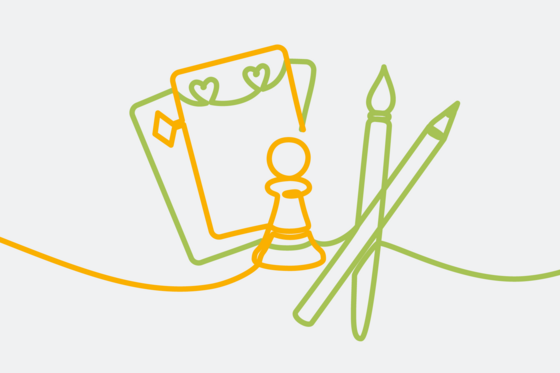 Illustration von Spielkarten, einer Schachfigur und zwei Pinseln in vereinfachter Form, Kita Hamburg-Schnelsen, Albertinen Kindertagesstätte Schnelsen, Betreuen und Fördern Illustration von Spielkarten, einer Schachfigur und zwei Pinseln in vereinfachter Form