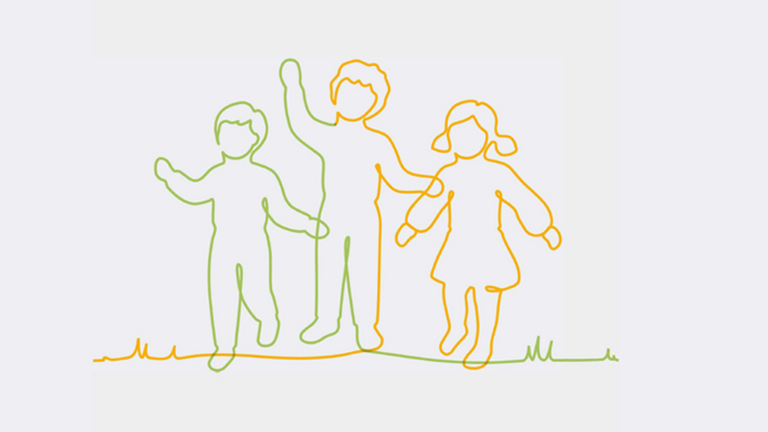 Illustration von drei spielenden Kindern auf einer Wiese als orange-grüne Bändergrafik für das Pädagogische Konzept der Albertinen Kindertagesstätte Schnelsen.