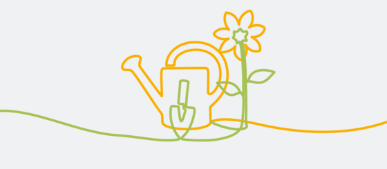 Illustration einer Sonnenblume neben einer Gießkanne und einer Gartenschaufel, Kinderbetreuung, Kitaplätze, Kita Hamburg-Schnelsen, Albertinen Kindertagesstätte Schnelsen, Betreuen und Fördern Illustration einer Sonnenblume neben einer Gießkanne und einer Gartenschaufel
